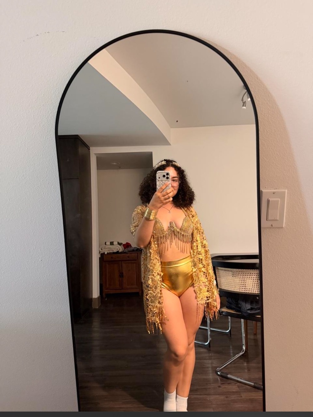 Gold Fringe Bikini Set with Lace Kimono